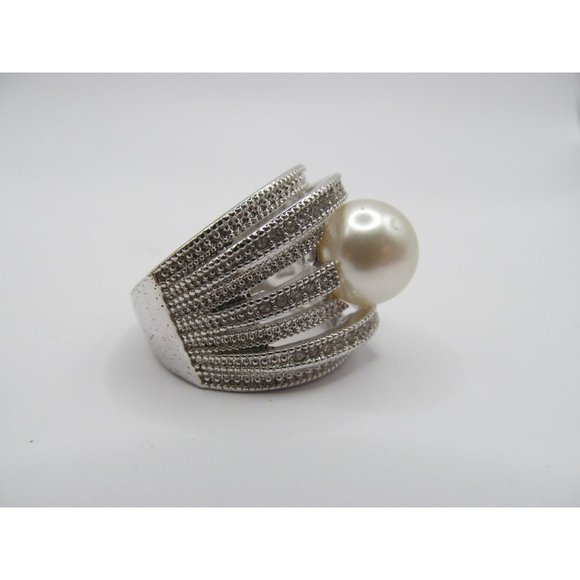 Faux Pearl 7 Tier Band Rhinestone Cocktail Ring signed NVC - Picture 13 of 14